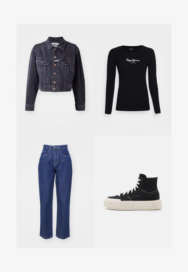 Beskaaret sort denimjakke med knaplukning foran, to brystlommer og kontrasterende syninger. Har en klassisk krave og holdbart stof.; Sort langærmet T-shirt lavet af bomuld, med rund halsudskæring og hvidt "Pepe Jeans LONDON" logo i midten.; Mørkeblå denim jeans med høj talje, lige ben, fem lommer og kontrastsyninger. Klassisk design med en glat tekstur.; Sorte kanvas høj-top sneakers med hvide snørebånd, tyk creme sål, kontrasterende syninger og en rund tådesign.