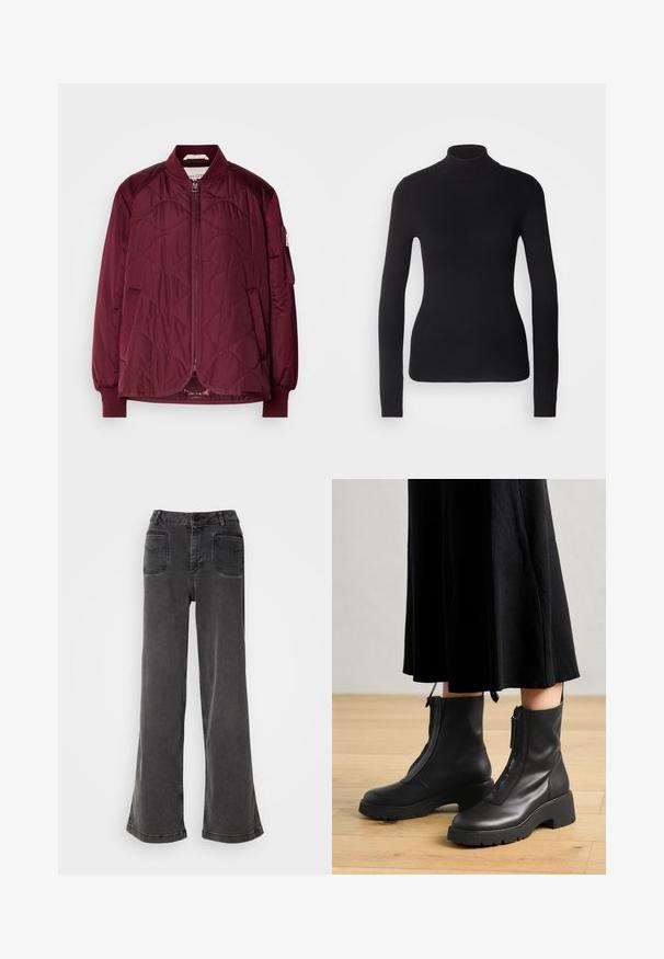 Burgundia värvi kašmiirvoodriga bomber jakki, millel on lukuga sulgemine, soonikkoes varrukad ja küljetaskud. Omab siledat tekstuuri ja peent mustrit kangal.; Mustem turtleneck-sviiter, mis on valmistatud kerge kudumiskangast. Omab pikki varrukaid, slim-fit lõiget ja pehmet soonikut.; Kõrge vöökohaga, laiad mustad teksad, mis on valmistatud denimist, sisaldavad nupuvajutust, vöökelle ja kahte tagakotti, millel on tikitud detailid.; Mustad nahast pahkluu saapad paksu platvormitaldadega ja esise closinguga. Sile tekstuur ja minimalistlik disain.