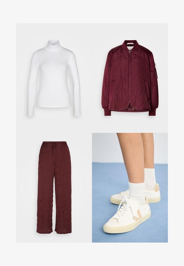 Burgundská prešívaná bomber bunda so zipsom, rebrovanými manžetami a bočnými vreckami. Vyniká hladkou textúrou a jemným vzorom na látke.; Biela dlhá rukáv turtleneck košeľa vyrobená z hladkej, pružnej látky. Má priliehavý strih a vysoký golier. Bez viditeľných vzorov alebo akcentov.; Bordové široké nohavice vyrobené z textúrovanej tkaniny, s nastaviteľným pásom a vertikálnymi záhybmi pre zvýraznenie detailov.; Biele tenisky s hnedými akcentmi, okrúhla špička a biele šnúrky. Nosia sa s rebrovanými bielymi ponožkami, na svetlomodrom pozadí.
