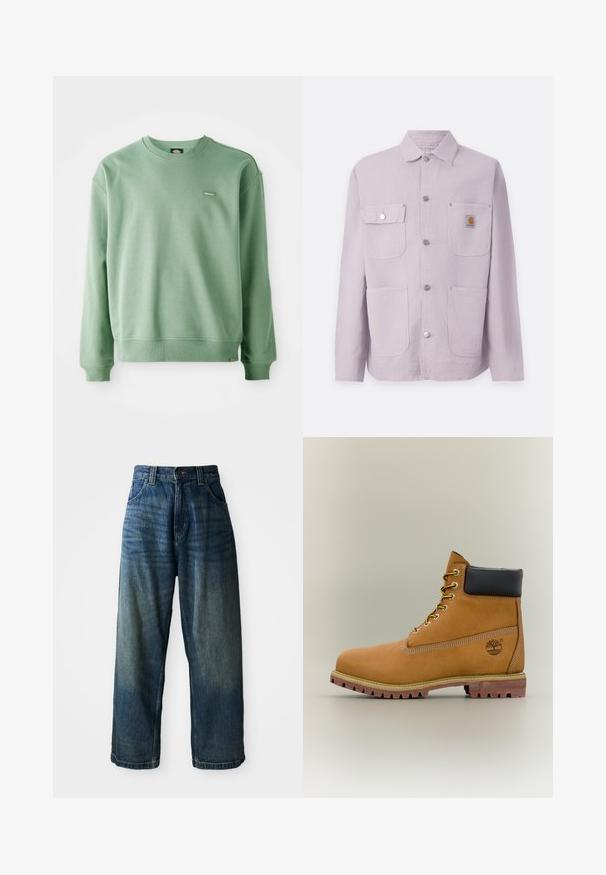 Lyslilla arbejdsjakke lavet af holdbart stof, med kraveskærm, to forlommer, trykknapper og et logo-patch på venstre lomme.; Grøn crewneck sweatshirt lavet af blødt stof, med ribbede manchetter og kant, samt et lille logo tag på fronten. Glat tekstur.; Bredde ben blå denimjeans med en falmet finish. Har fem lommer, knaplukning og kontrasterende syninger. Tyk stof.; Brun læderankelstøvle med sort krave, gule snørebånd og tanfarvet sål. Har logo og hvide syninger som detalje. Robust ydersål med greb.