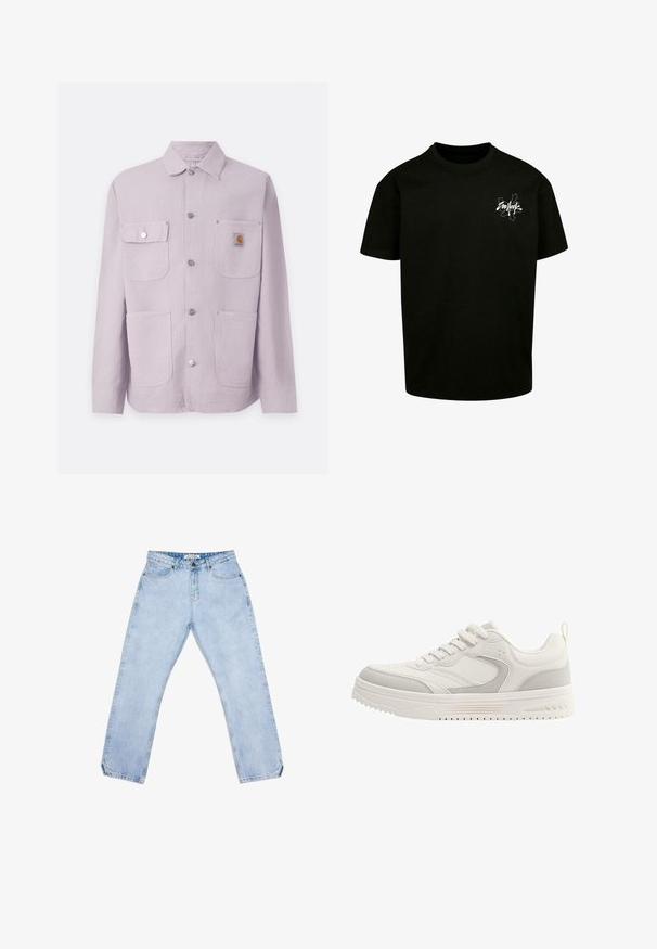 Veste de travail mauve clair en tissu durable, avec un col, deux poches avant, des boutons-pression et un patch logo sur la poche gauche.; T-shirt en coton noir avec un col rond et des manches courtes, présentant un design graphique blanc sur la partie gauche de la poitrine.; Jean en denim bleu clair avec une coupe droite, comprenant cinq poches, une fermeture à bouton et un léger effet délavé. Pas de motifs ni de logos visibles.; Baskets basses blanches et gris clair avec fermeture à lacets, semelle épaisse et languette au talon, présentées en profil latéral.
