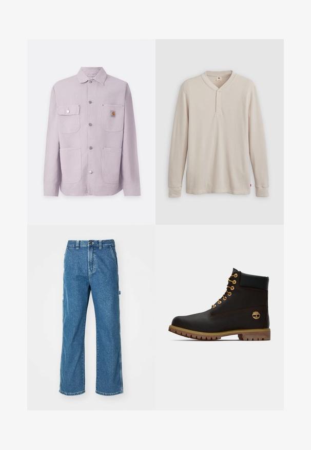 Chaqueta de trabajo de color púrpura claro, hecha de tejido resistente, con cuello tipo solapa, dos bolsillos frontales, botones a presión y un parche con el logo en el bolsillo izquierdo.; Camisa tipo henley de manga larga en tejido acanalado color beige claro, con escote en V,tapeta de tres botones, y mangas con puños. Etiqueta de logo roja en el dobladillo.; Pantalones cargo de mezclilla azul con un corte relajado, que cuentan con bolsillos laterales, cremallera en la bragueta y costuras de contraste en las costuras.; Bota de cuero negro de tobillo con ojales dorados, acentos marrones y suela de goma. Presenta un cuello acolchado y un logotipo en relieve en el costado.