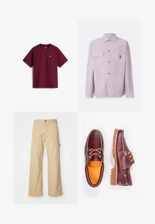 Chaqueta de trabajo de color púrpura claro, hecha de tejido resistente, con cuello tipo solapa, dos bolsillos frontales, botones a presión y un parche con el logo en el bolsillo izquierdo.; Camiseta de algodón marrón con mangas cortas, escote redondo y pequeño logo blanco de Vans en el pecho izquierdo. Textura suave, corte holgado.; Pantalones cargo de pierna ancha en color beige con cierre de botón, que cuentan con bolsillos laterales, fabricados en resistente tejido de algodón, con textura suave y diseño de corte recto.; Zapatos de cuero burdeos con suelas de goma marrón, puntera redonda, costuras blancas y ojales dorados. El interior cuenta con un forro amarillo.