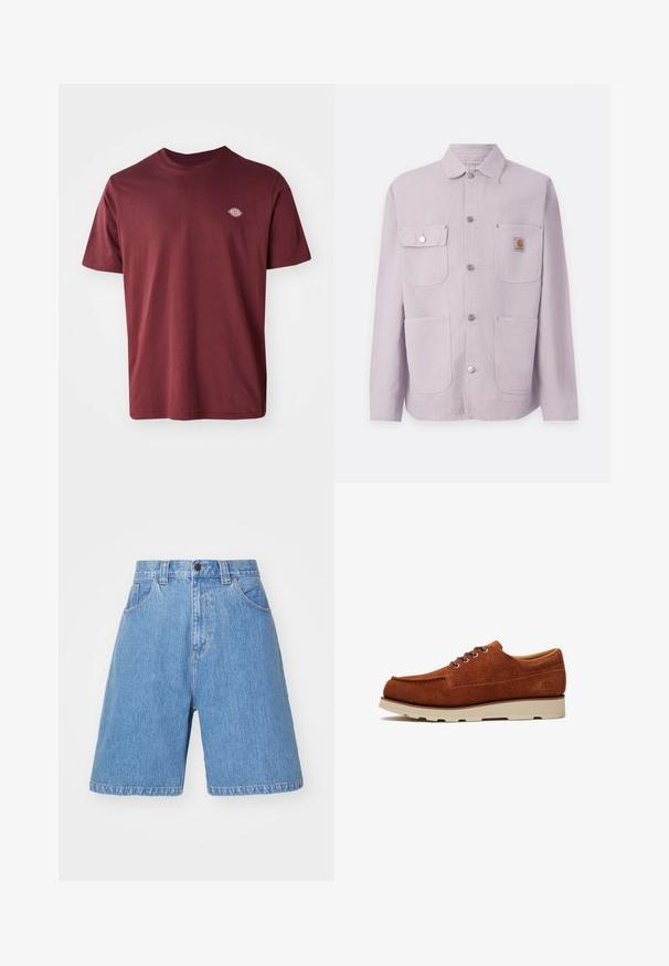 Veste de travail mauve clair en tissu durable, avec un col, deux poches avant, des boutons-pression et un patch logo sur la poche gauche.; T-shirt en coton bordeaux avec un col rond, des manches courtes et un petit logo circulaire de la marque brodé sur la poitrine gauche.; Shorts en denim bleu clair avec une coupe décontractée, taille haute, design à cinq poches et décoloration subtile. Comprend une fermeture à bouton et des passants de ceinture.; Chaussure à lacets en daim marron avec semelle en caoutchouc beige, couture moc toe et logo embossé discret près du talon.