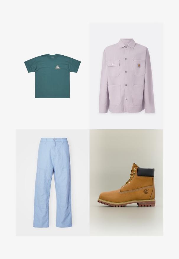 Lyslilla arbejdsjakke lavet af holdbart stof, med kraveskærm, to forlommer, trykknapper og et logo-patch på venstre lomme.; Teal bomulds T-shirt med korte ærmer og løs pasform. Har en trekantet grafik med farverigt design og mærkenavn på brystet.; Lyseblå linnedragter med en afslappet pasform, der har patchlommer og synlige stikninger. Stof har et blødt, struktureret udseende.; Brun læderankelstøvle med sort krave, gule snørebånd og tanfarvet sål. Har logo og hvide syninger som detalje. Robust ydersål med greb.