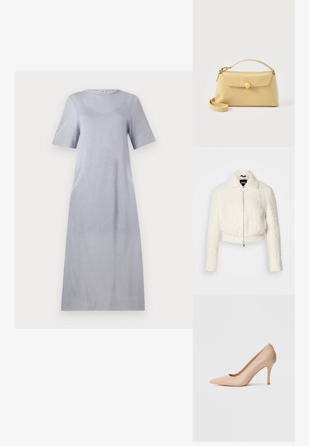 Veste blanche courte en tissu texturé avec un col et une fermeture à zip argenté. Manches longues et coupe décontractée.; Robe mi-longue à manches courtes de couleur gris clair, confectionnée dans un tissu doux avec une texture lisse et un col rond, présentant une coupe décontractée.; Escarpin à talon haut en cuir beige avec un bout pointu, une texture lisse et un talon aiguille fin. Design minimaliste avec un style à enfiler.; Petit sac à main en cuir beige avec une poignée supérieure, un fermoir rond doré et une bandoulière amovible sur un fond uni.