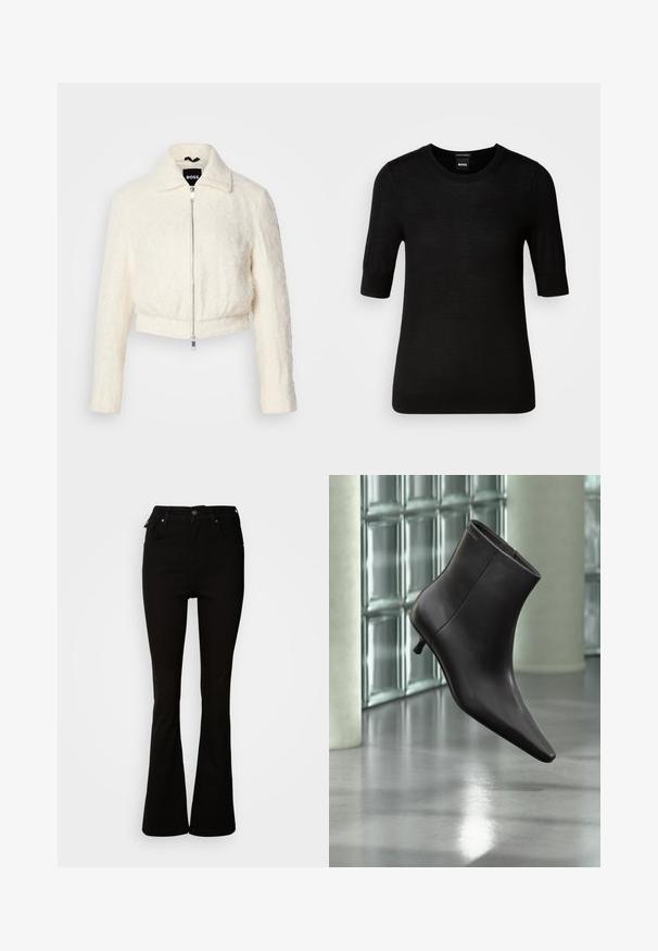 Veste blanche courte en tissu texturé avec un col et une fermeture à zip argenté. Manches longues et coupe décontractée.; Pull noir à manches courtes en laine mérino fine. Encolure ronde, coupe ajustée, texture lisse, design minimal, sans motifs ni accents visibles.; Jean noir évasé en denim, avec une taille haute, des poches avant, et un design classique à cinq poches avec des accents en métal.; Bottine en cuir noir avec bout pointu et petit talon, présentée devant un mur en blocs de verre et un sol poli.