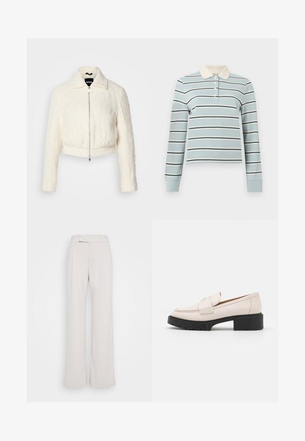 Korte witte jas van textuurstof met een kraag en zilveren ritssluiting. Lange mouwen en een relaxed fit ontwerp.; Lichtblauw poloshirt met lange mouwen met witte en marineblauwe strepen, crème kraag, knoopsluiting en klein "Barbour"-logo op de borst.; Wijde broek in lichtbeige stof met een aansluitende tailleband, voor plooien en een soepele textuur. Casual ontwerp, zonder zichtbaar patroon of hardware.; Lichtbeige leren loafers met een gestikte voorkant en een textuur met een zwarte plateauhak. Beschikt over een gebogen ontwerp en een lichte verhoging.
