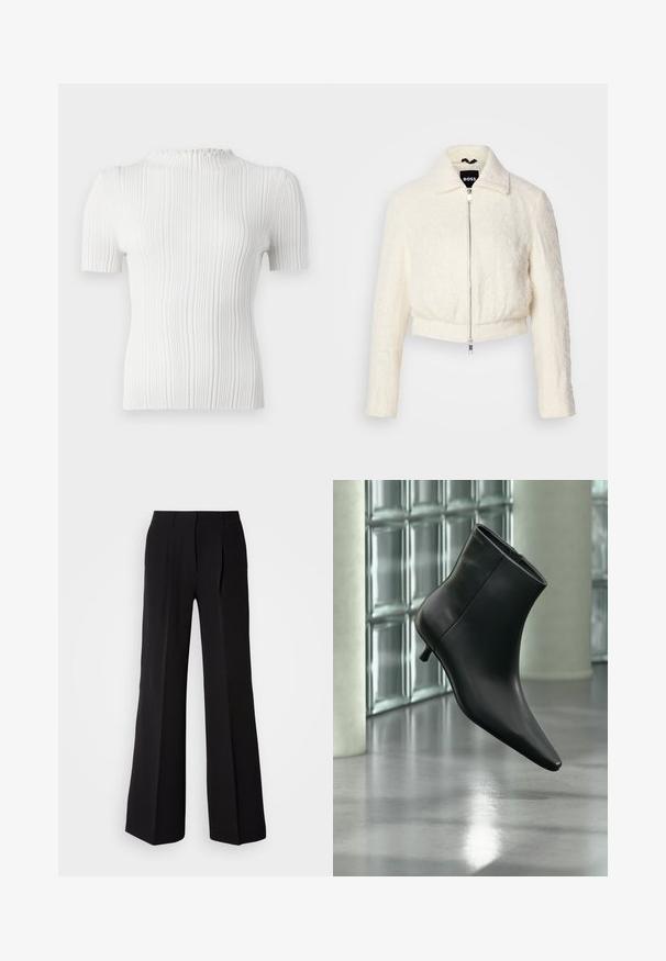 Veste blanche courte en tissu texturé avec un col et une fermeture à zip argenté. Manches longues et coupe décontractée.; Top blanc à manches courtes côtelé avec un col haut et une finition texturée. Présente des lignes verticales subtiles et une silhouette ajustée.; Pantalons noirs en tissu lisse, avec une taille haute, une coupe évasée et deux plis sur le devant pour un détail de conception supplémentaire.; Bottine en cuir noir à bout pointu et petit talon kitten, présentée en angle devant un sol poli et un mur en blocs de verre.