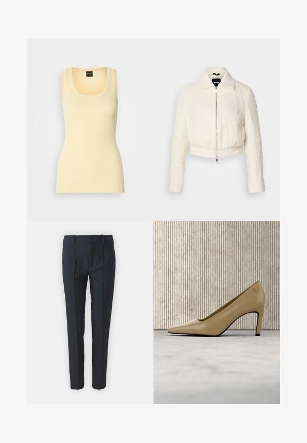Korte witte jas van textuurstof met een kraag en zilveren ritssluiting. Lange mouwen en een relaxed fit ontwerp.; Geel geribd tanktop met een ronde hals, voorzien van een subtiele reliëflogo in het midden. Gemaakt van lichte, rekbare stof.; Navyblauwe op maat gemaakte broeken met een gladde textuur, voorzien van voorplooien, riemlussen en een rechte snit, gemaakt van een lichte stof.; Beige puntige hoge hak schoen met klein gouden embleem, rechtopstaand op een reflecterend oppervlak nabij een metalen ordnerhouder.