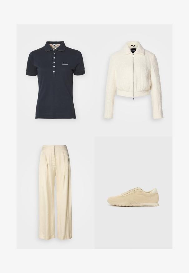 Veste blanche courte en tissu texturé avec un col et une fermeture à zip argenté. Manches longues et coupe décontractée.; Polo en coton navy avec un col, doté d'une patte de boutonnage et d'un logo "Barbour" brodé en blanc. Manches courtes et garniture à motif à carreaux.; Pantalon en soie crème taille haute avec plis, jambes larges et fermeture éclair avant dissimulée sur un fond blanc uni.; Baskets en suede beige avec un design à lacets, dessus texturé, semelle en caoutchouc contrastante et un léger talon. Style minimaliste avec un branding subtil.