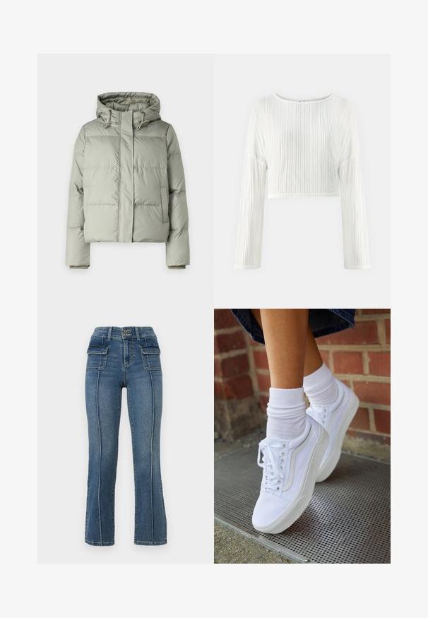 Helles grünes Puffer-Jacke mit Kapuze, cropped Design, gesteppten Paneelen und elastischen Bündchen. Mit Kordelzug am Kragen.; Weißes, kurzes Langarmoberteil mit vertikaler Rippstruktur, Rundhalsausschnitt und lässigem Schnitt, mit weit geschnittenen Ärmeln und einem dezenten Glanz.; ONLY Petite ONLWAUW MID WAIST FLARED - Flared Jeans - medium blue denim; Weiße Leinensneaker mit Gummisohlen, ausgestattet mit sechs Ösen, runder Zehenpartie und dezenten Nähten, kombiniert mit weißen Knöchelsocken.
