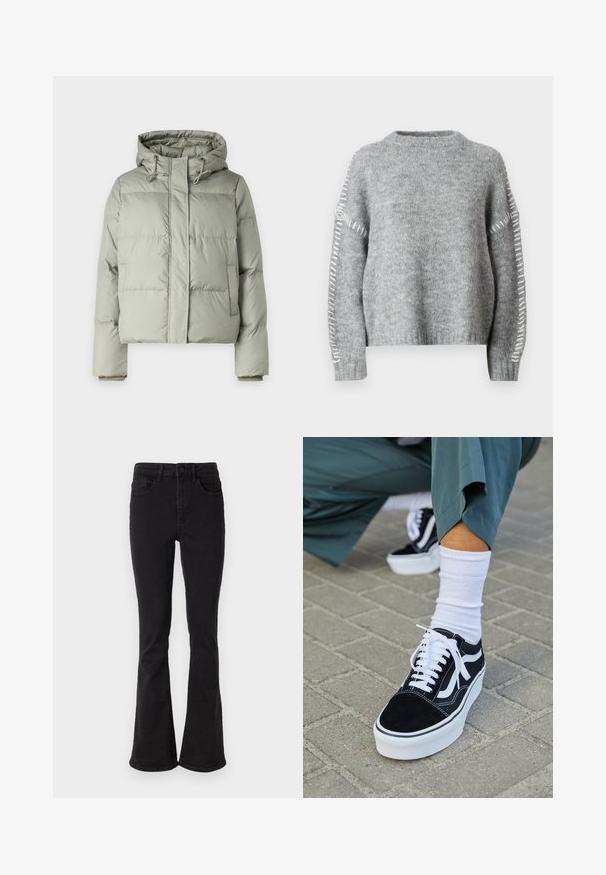 Hele roheline puffer-tagi kapuutsiga, millel on lühendatud disain, õmmeldud paneelid ja elastsed mansetid. Kaelas on reguleeritav nöör.; JDY Knitted JDYZOEY Knitted - Džemper - light grey melange; Musträkra mustad flared teksad, kõrge vöökohaga, viie tasku ja tugeva nuppkinnisega. Sile tekstuur, kergelt veniv.; Mustjad sametist tennisjalanõud valgete aktsentide ja nööridega, millel on paks valge tald ja kontrastsed õmblused, koos valge sokiga.