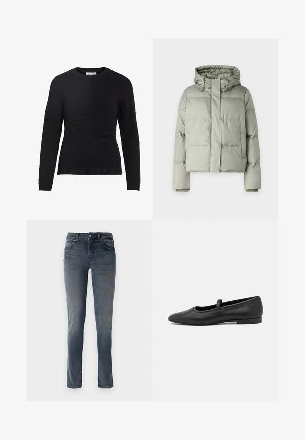 Lys grøn pufferjakke med hætte, der har en cropped design, syede paneler og elastiske cuff.; Sort strikket sweater med et tekstureret mønster, rund halsudskæring og ribbede manchetter og kant. Lange ærmer og en tætsiddende design.; Mørkeblå denim jeans med lige ben, fem lommer, bæltestropper og en lysvasket finish. Metalspænde og lynlåslukning.; Sorte ballet flade lavet af glatmælket læder, med en rund tå, et lille bånd henover toppen, og et minimalistisk design.