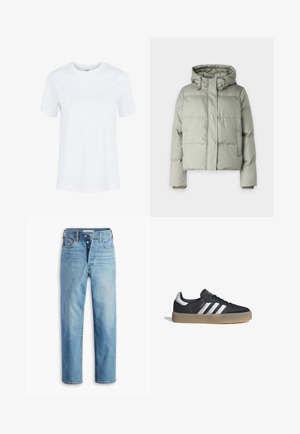 Chaqueta acolchada verde claro con capucha, con un diseño corto, paneles cosidos y puños elásticos. Incluye cordón en el escote.; Camiseta de algodón blanca lisa de manga corta con cuello redondo y dobladillos de las mangas doblados, mostrada sobre un fondo blanco liso.; Vaqueros de mezclilla azul claro con bragueta de botones, piernas de corte recto, cinco bolsillos y sutiles desgastes. Se observan remaches de cobre y detalles de costura.; Zapatilla deportiva de cuero negro con tres rayas plateadas, punta texturizada y suela de goma. Cuenta con un collar acolchado y un diseño con cordones.