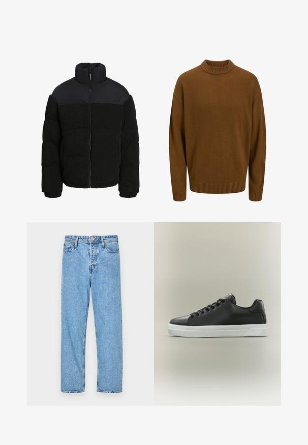 Sort dunjakke med høj krave, der har en blød, struktureret fleece-krop og glat, mat stof ved skuldrene og kraven.; Brun strikket sweater med ribbede kanter ved hals og ærmer, der har en afslappet pasform og struktureret stof. Enkelt design uden mønstre.; Lysblå denim jeans med lige ben design, fem-lomme stil, synlige syninger og knap- samt lynlåslukning.; Sort lavtop sneakers i læder med sorte snørebånd og hvid gummisål på neutral baggrund, sidevisning.