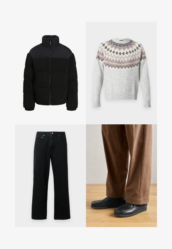 Sort dunjakke med høj krave, der har en blød, struktureret fleece-krop og glat, mat stof ved skuldrene og kraven.; Lysegrå sweater med lange ærmer, der har et mønstret bærestykke i creme, brun og sort. Ribstrikkede ærmekanter og kant forneden tilføjer tekstur.; Sorte denimjeans med lige ben, fem-lomme design, metalnitter og knaplukning. Stoffet har en blød tekstur med minimal falming.; Sorte lædersko med mokkasin-design og syningdetaljer, parret med brune bukser, på et trægulv.