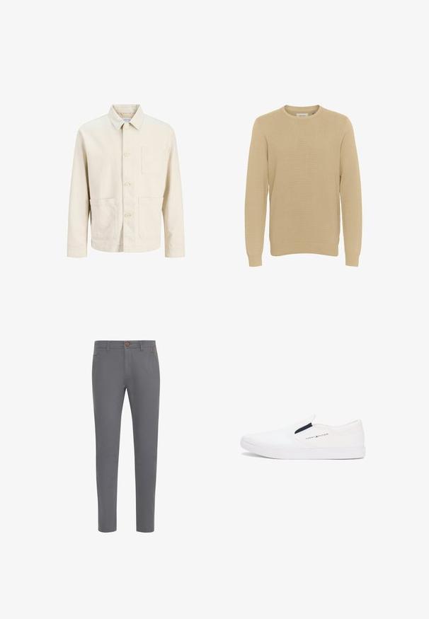 Cremefarbige Jacke mit langen Ärmeln, vier vorderen Knöpfen, drei vorderen Taschen und einem klassischen spitzen Kragen.; Beige Strickpullover mit strukturiertem Muster, rundem Ausschnitt und gerippten Bündchen. Entworfen für eine lässige Passform, geeignet für die Freizeit.; Graue Baumwollhosen mit einer taillierten Passform, ausgestattet mit einem Knopfverschluss, normalen Taschen und einer glatten Textur.; Weiße Slip-On-Sneaker aus Canvas mit glatter Textur und kontrastierendem dunkelblauem Akzent an der elastischen Seite. Verfügt über eine Gummisohle.