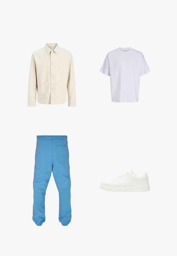 Crèmekleurig jack met lange mouwen, vier knopen aan de voorkant, drie voorzakken en een klassieke puntkraag.; Effen witte oversized T-shirt met korte mouwen, ronde hals en losse pasvorm tegen een witte achtergrond.; Lichtblauwe sweatpants van zacht katoen. Voorzien van een elastische tailleband, taps toelopende beenopeningen en een achterzak.; Witte sneaker met een glad leren bovenwerk, platte veters en een dikke rubberen zool. Minimalistisch ontwerp met subtiele stiksel en naadloze accenten.
