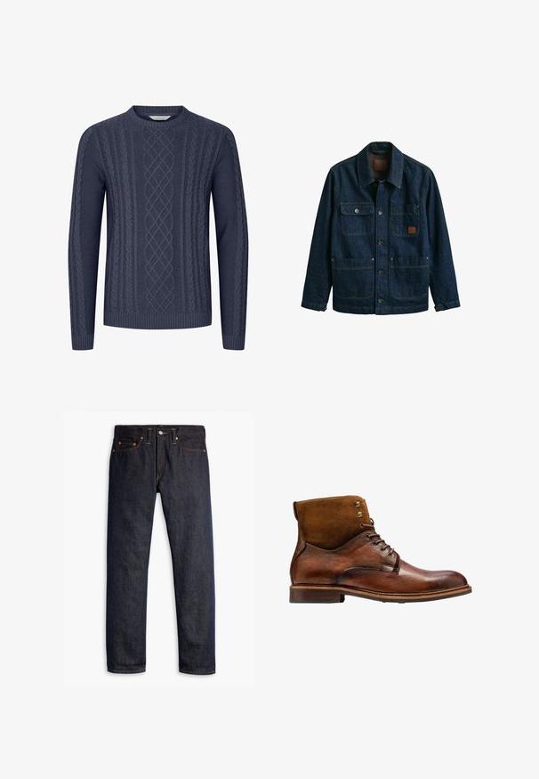 Mørkeblå denimjakke med fire frontlommer, knaplukninger og en krave, vist på en hvid baggrund.; Mørkeblå strikket sweater med teksturerede kabelmønstre, rund halsudskæring og ribbekanter ved ærmerne og nederste kant. Fremstillet af blødt og holdbart stof.; Mørkeblå denimjeans med lige pasform, fem-lomme design, kobbernitter, gul syning og et markant struktureret stof.; Kazar ALID - Snørestøvletter - brown