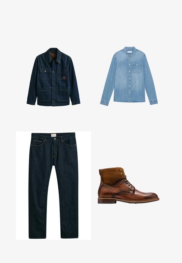 Donkerblauwe denimjas met vier voorzakken, knoopsluitingen en een kraag, getoond op een witte achtergrond.; Lichtblauw denim overhemd met knopen, lange mouwen, spitse kraag, één borstzak en subtiele vervaging op de stof.; Donkerblauwe denim jeans met een recht model, vijf zakken en contrasterende stiksels op de naden. Gladde stofstructuur.; Kazar ALID - Veterboots - brown