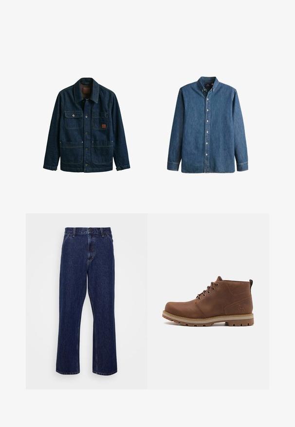 Dunkelblaue Jeansjacke mit vier Fronttaschen, Knopfverschlüssen und einem Kragen, präsentiert vor weißem Hintergrund.; Denim-Hemd in Mittelblau, mit langen Ärmeln, spitzem Kragen, weißen Knöpfen und einer taillierten Passform sowie dezentem Logostick.; Dunkelblaue Jeans aus Denim mit geradem Bein, ausgestattet mit einem Knopfverschluss, Fünf-Taschen-Style und dezenten Nähten.; Braune Leder-Ankle-Boots mit runder Zehenform, Schnürsystem, kontrastierender beiger Sohle und Logodetail an der Rückseite. Strukturiert Oberfläche.