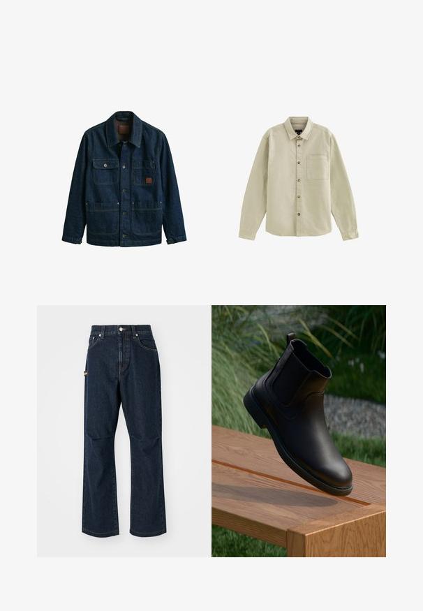 Mørkeblå denimjakke med fire frontlommer, knaplukninger og en krave, vist på en hvid baggrund.; Beige langærmet skjorte med knapper, krave og brystlomme, lavet af glat stof, vist fladt på en hvid baggrund.; Mørkeblå denim jeans med lige ben, frontlommer og en sidelomme. Har stiklinger i kontrastfarve og en knap i taljen.; Sort læderankelstøvle med elastiske sidepaneler, rund tå og en struktureret gummisål, hængende over et træbord.