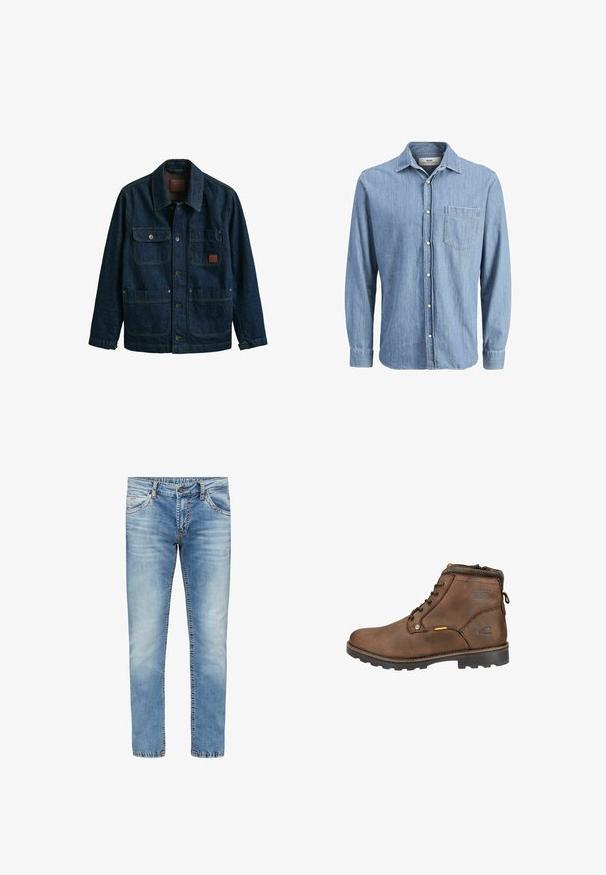 Veste en denim bleu foncé avec quatre poches avant, fermetures à boutons et col, présentée sur un fond blanc.; Chemise en denim bleu clair avec un col boutonné, des manches longues, une poche poitrine unique et un logo brodé sur la poche.; Jeans en denim bleu clair avec une coupe droite, décoloration au niveau des cuisses et coutures contrastantes. Comprend cinq poches et une fermeture éclair.; Bottine en cuir marron avec bout rond, design à lacets, col rembourré et semelle en caoutchouc texturée. Présente un logo et des accents en métal.