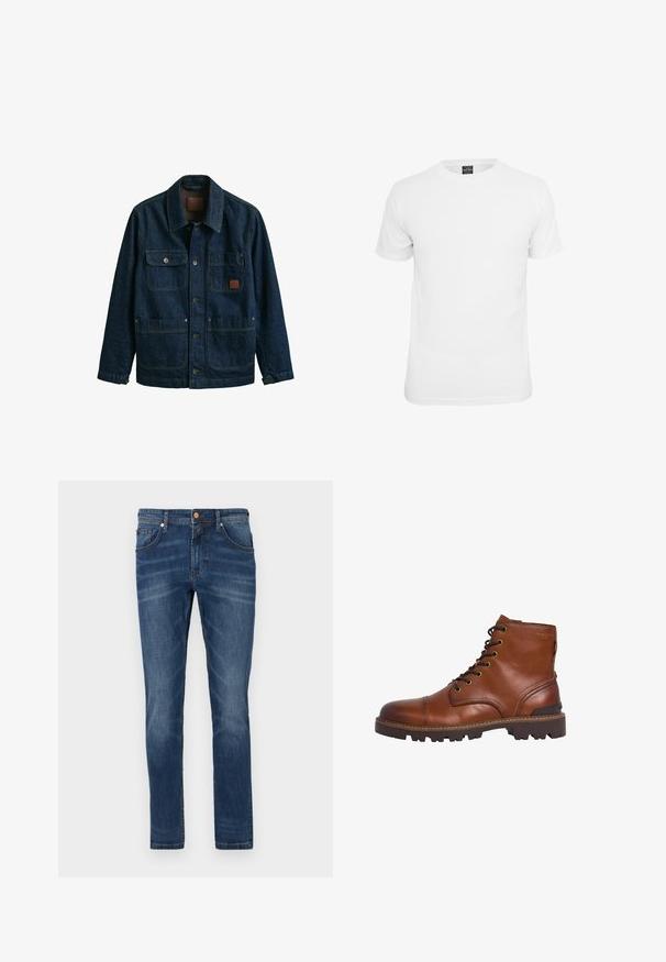 Dunkelblaue Jeansjacke mit vier Fronttaschen, Knopfverschlüssen und einem Kragen, präsentiert vor weißem Hintergrund.; Weißes T-Shirt mit kurzen Ärmeln, aus Baumwolle, mit Rundhalsausschnitt und glatter Textur, entworfen für lässige Kleidung.; Dunkelblaue Jeans aus Denim mit geradem Bein, fünf Taschen, dezente Verwaschungen, kontrastierende Nähte und einem Knopfverschluss an der Taille.; Braune Leder-Stiefelette mit runder Zehenpartie, Metallösen, Schnürung vorne, robustem Profil und kontrastierenden Nähten. Glatte Textur.