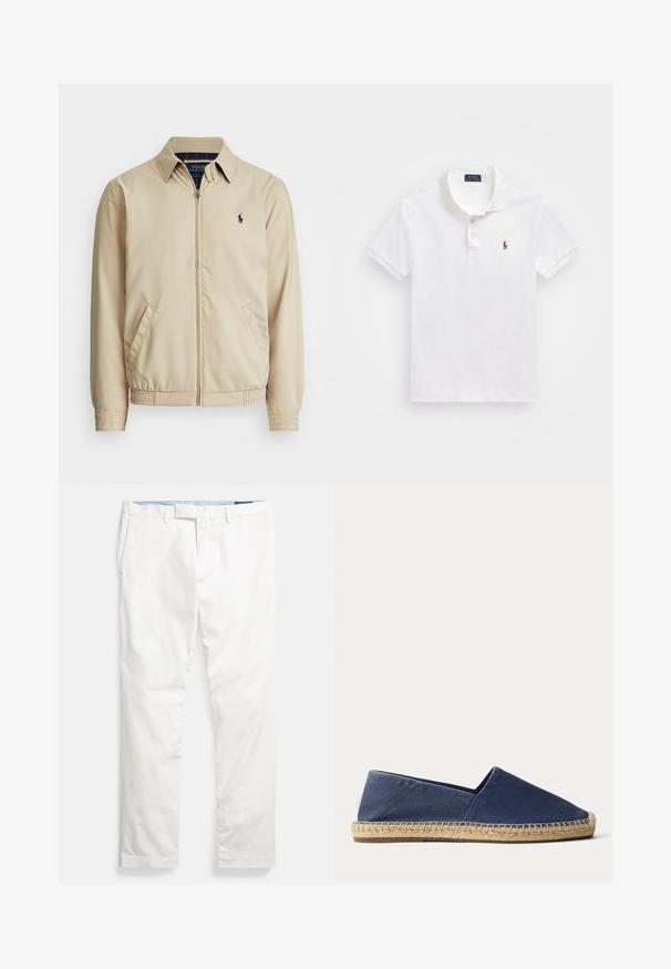 Helle beige Zip-Jacke mit Kragen, seitlichen Taschen, elastischem Bund und kleinem marineblauen Logo auf der Brust. Glatte Textur.; Weißes Poloshirt aus Baumwolle, mit einer Knopfleiste mit drei Knöpfen, kurzen Ärmeln und einem kleinen gestickten Logo auf der linken Brust.; Weiße Baumwoll-Chinos mit flacher Vorderseite, Gürtelschlaufen, Seitentaschen und einer glatten Textur, mit einem blauen inneren Bund.; Marineblaue Canvas-Espadrille mit naturgewebter Jutsohle und niedrigem Absatz, seitlich auf weißem Hintergrund dargestellt.