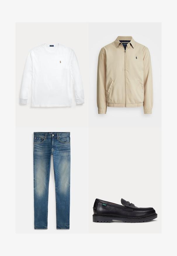 Lichtbeige ritsjack met een kraag, zijzakken, een elastische tailleband en een klein marineblauw logo op de borst. Soepele textuur.; Witte longsleeve met ronde hals en klein geborduurd Polo Ralph Lauren-logo op de linkerborst.; Blauwe vervaagde slim-fit jeans met knoop- en ritssluiting, voorzakken en klein muntzakje, plat gelegd op een witte achtergrond.; Zwarte leren loafer met dikke geprofileerde zool en klein groen "Polo" label aan de buitenkant bij de hiel.