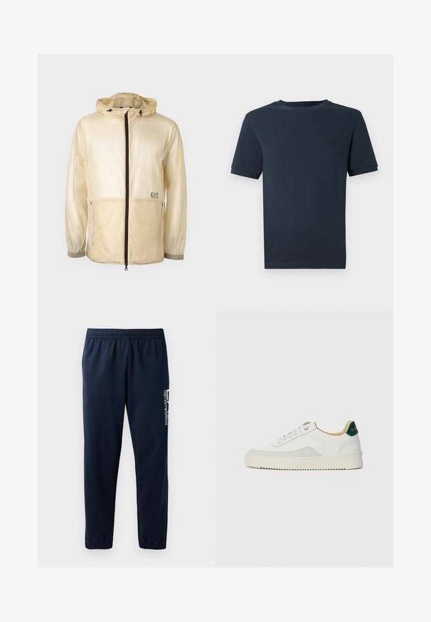 Chaqueta ligera beige tipo rompevientos con capucha, que cuenta con un cierre frontal completo, puños elásticos y un logo bordado en el lado izquierdo.; Camiseta de algodón azul oscuro con mangas cortas, cuello redondo y un pequeño logotipo texturizado en la parte izquierda del pecho. Acabado de tela suave.; Pantalones de chándal azul marino con cintura elástica, piernas ajustadas y un logo blanco en el lateral. Tejido suave con una textura ligera.; Zapatilla blanca con acentos de ante, puntera redondeada, cordones planos y suela de goma color crema. Presenta un logo verde en el talón.
