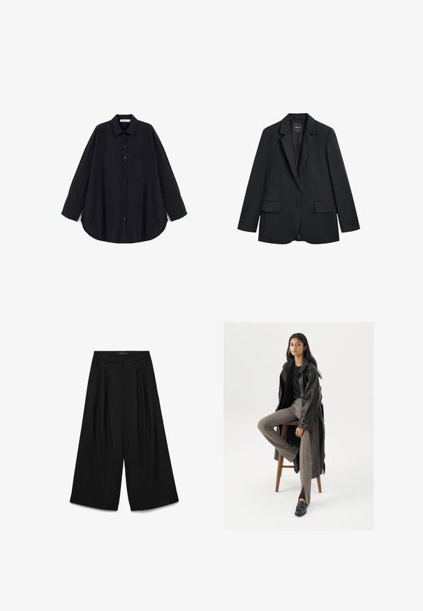 Zwarte op maat gemaakte blazer met inkeping revers, twee klepzakken aan de voorkant en twee knopen aan de voorzijde, tentoongesteld op een witte achtergrond.; Zwarte button-up shirt van een textuurstof. Heeft een puntige kraag, lange mouwen, een borstzak en een gebogen zoom.; Zwart wijduitlopende broek met hoge taille, riemlussen, voorplooien en een verborgen sluiting aan de voorkant.; Zwarte leren trenchcoat met knopen en riemdetails, gecombineerd met lichtbruine getailleerde broek en zwarte loafers, zittend op een houten kruk.