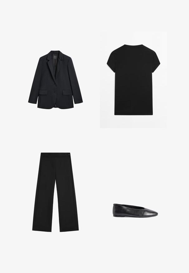 Sort skræddersyet blazer med hakkede revers, to klaplommer foran og to knapper ved lukkning foran, vist på hvid baggrund.; Sort kortærmet bomulds-T-shirt lagt fladt, vist bagfra med rund halsudskæring, på hvid baggrund.; Sorte vidde bukser med høj talje og en lille synlig lynlås på højre side, vist fladt på hvid baggrund.; Sort læderballetsko med spids tå, glat tekstur, minimalistisk design og en svag hæl for stabilitet.