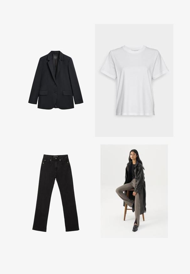 Sort skræddersyet blazer med hakkede revers, to klaplommer foran og to knapper ved lukkning foran, vist på hvid baggrund.; Hvid bomulds T-shirt med korte ærmer, rund hals og en afslappet pasform. Glat tekstur, uden mønstre eller grafik, enkel design.; Sorte denim jeans med lige ben, fem lommer og diskrete kobbernitter. Lavet af slidstærkt bomuldsstof.; Sort læder trench coat med knapper og bælte detalje, parret med lysebrune tætsiddende bukser og sorte loafers, siddende på en træstol.
