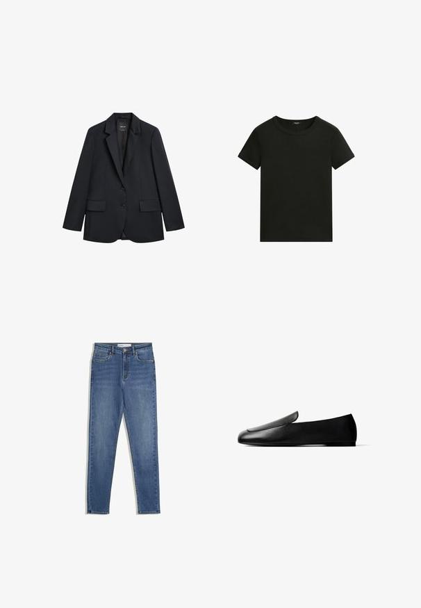 Schwarzer maßgeschneiderter Blazer mit Kerbkragen, zwei aufgesetzten Taschen vorne und zwei Knöpfen am vorderen Verschluss, dargestellt auf weißem Hintergrund.; Schlichtes schwarzes T-Shirt mit kurzen Ärmeln und Rundhalsausschnitt, schlichtem, tailliertem Design vor weißem Hintergrund.; Blaue Denim-Jeans mit hoher Taille, slim Fit, Fronttaschen, Reißverschluss und kontrastierenden Nähten. Strukturierte Gestaltung mit glatter Textur.; Schwarzer flacher Slipper aus Leder mit abgerundeter Spitze und niedrigem Absatz vor weißem Hintergrund.