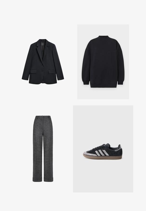 Sort skræddersyet blazer med hakkede revers, to klaplommer foran og to knapper ved lukkning foran, vist på hvid baggrund.; Sort oversized sweatshirt med ribbet mock-neck, lange ærmer samt ribbede manchetter og kant, vist på en neutral baggrund.; Grå uldbukser med fiskebenmønster, lige ben, opsmøgede kanter og taljebånd med bæltestropper.; Sort sneaker med glitrende sølvdetaljer og tre hvide striber. Har en lavt skåret model, tekstureret overdel og brun gummisål.