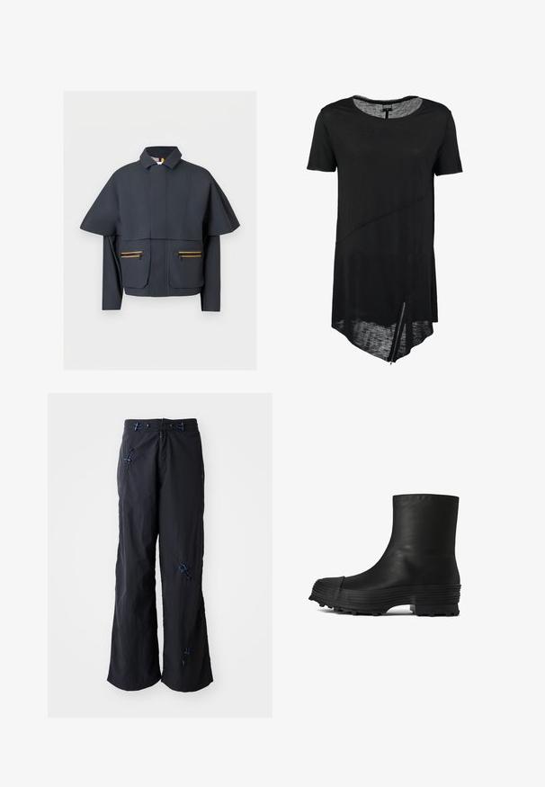 Heren cropped jack in donkerblauwe stof; oversized mouwen; twee voorvakken met oranje ritsen; puntige kraag; gladde textuur.; Zwart T-shirt met korte mouwen en ronde hals, asymmetrische zoom, doorschijnende textuur en een zijrits detail. Zacht, lichtgewicht stof.; Zwarte, lichtgewicht, wijde broek met een textuurafwerking. Voorzien van blauwe accenten en toggles voor aanpassingsmogelijkheden. Rits sluiting.; CAMPERLAB TRAKTORI - Lage laarzen - schwarz