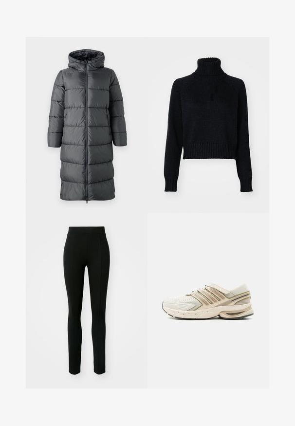 ONLY Puffer ONLMONTANA Puffer - Wintermantel - blackened pearl; Donker gebreide coltrui met een cropped ontwerp, voorzien van geribde manchetten en zoom, en een gestructureerde weefsel throughout.; Zwarte leggings van rekbaar materiaal, met een hoge taille, slim fit en twee voorzakken zonder zichtbare naden.; Beige sneaker met mesh neus, drie verstelbare banden, gevoerde zool met zichtbare luchtkamer en merkdetails aan de zijkant.