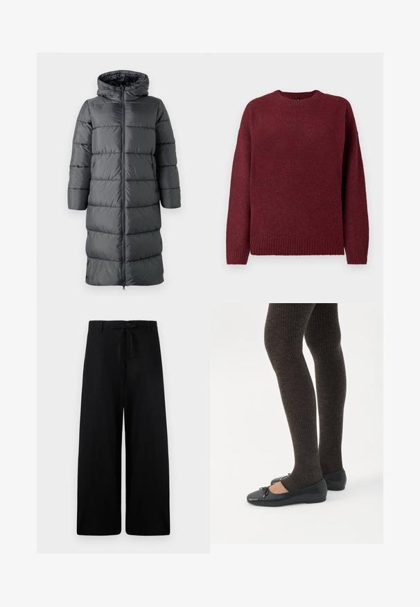 ONLY Puffer ONLMONTANA Puffer - Vinterfrakke - blackened pearl; Bordeaux sweater med rund halsudskæring, lange ærmer, ribbet kant og manchetter, lavet af blødt, struktureret stof der er velegnet til lag-på-lag.; Bredde ben sorte linnedbukser med elastisk talje og knaplukning. Har en glat tekstur og en flydende silhuet.; Ben iført mørke ribbede leggings kombineret med sorte balletsko med små sløjfedetaljer på hvid baggrund.