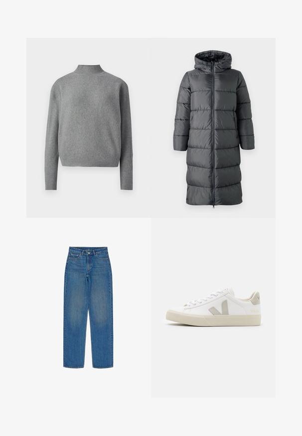 ONLY Puffer ONLMONTANA Puffer - Abrigo de invierno - blackened pearl; Suéter de punto acanalado gris claro con un cuello alto tipo mock y mangas largas, presentado sobre un fondo blanco.; Jeans de denim azul con corte recto, que cuentan con cinco bolsillos, cierre frontal de botones y un ligero desgastado en la tela.; Zapatillas blancas de cuero con acentos en gris del logo V, suela de goma texturizada, cordones blancos y lengüeta y collar acolchados.