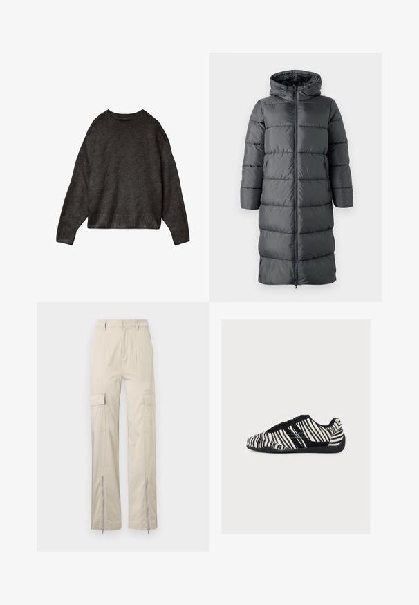 ONLY Puffer ONLMONTANA Puffer - Vinterfrakke - blackened pearl; Mørkegrå sweater lavet af blødt stof, med rund hals, dropped skuldre og ribbet kant og manchetter. Enkelts design, ingen mønstre.; Beige cargo bukser med en afslappet pasform, der har sidelommer, lynlåsbunde og en glat tekstur. Stoffet er let og slidstærkt.; Lavprofil sneakers med sorte og hvide zebrastriber, sorte snørebånd og tekstureret sort sål, vist fra siden på en hvid baggrund.