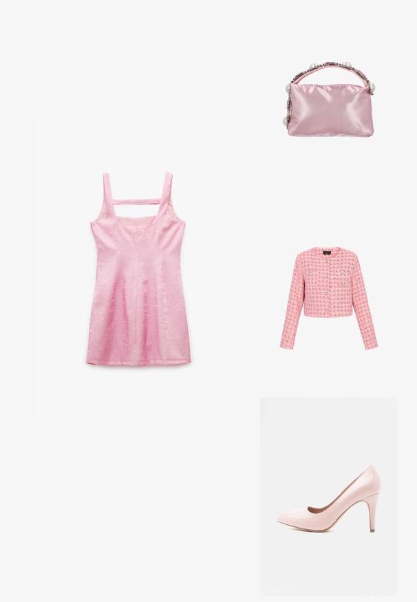 Korte roze tweed jas met lange mouwen, uitgevoerd in een ruitpatroon en met zes zilverkleurige drukknoopsluitingen aan de voorkant.; Roze mouwloze jurk met een gestructureerde stof, rechte halslijn en vierkante uitsnede aan de achterkant. Heeft een getailleerde pasvorm en een zoom tot op de knie.; Roze lakleren hoge hak schoen met een puntige neus en een slanke hak. Gladde textuur met een glanzende afwerking. Geen zichtbare accenten of patronen.; Roze satijnen handtas met een gestructureerde vorm, versierd met heldere en roze edelstenen en grote witte parels langs de bovenrand.