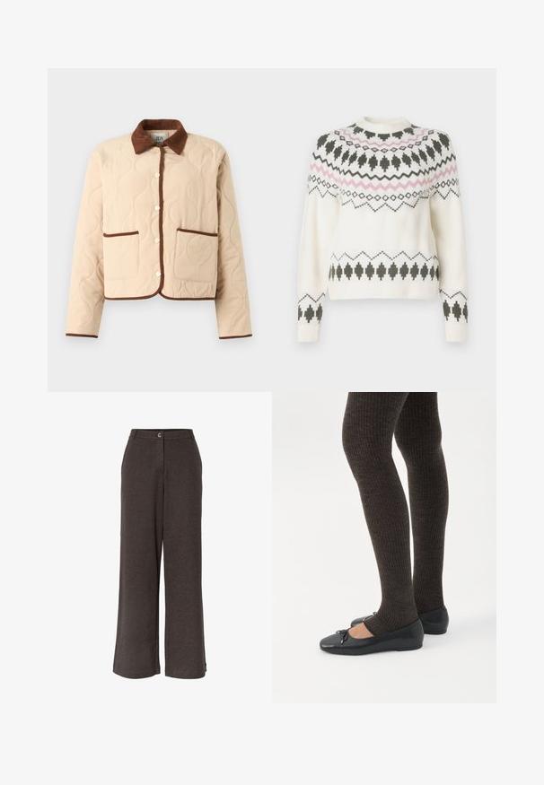 Beige quiltet jakke med brun fløjlskrave, med knaplukning og to forlommer med brun kant langs kanterne.; Hvid strikket sweater med sorte og pink geometriske mønstre over brystet, ærmerne og kanten, med rund halsudskæring og ribbede manchetter.; Mørkegrå højttaljede bukser med vide ben og lukning foran med knap og lynlås, lavet af struktureret stof.; Ben iført mørke ribbede leggings kombineret med sorte balletsko med små sløjfedetaljer på hvid baggrund.