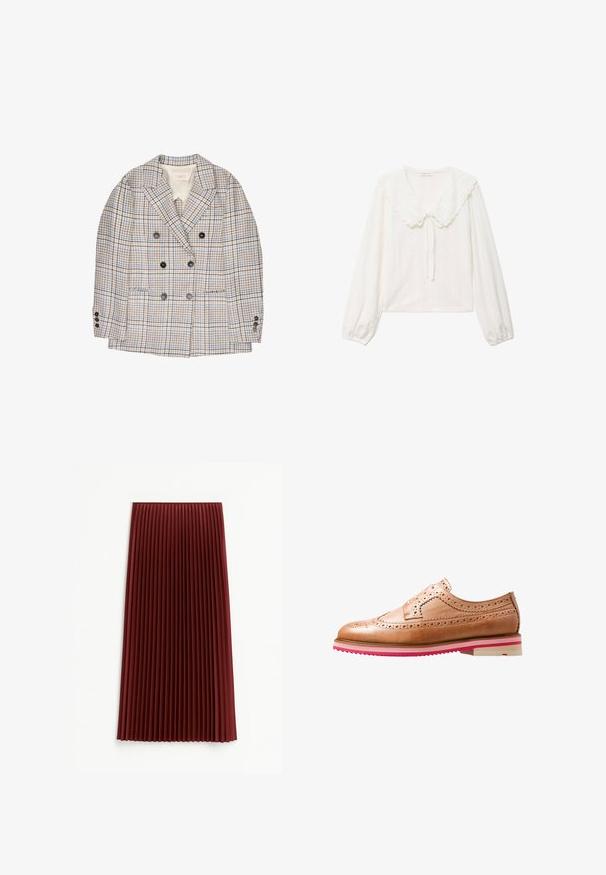 Dubbelbreasted blazer met beige, bruin en blauw ruitpatroon, met inkepingen in de revers, voorzakken en zes donkere knopen op de voorkant en manchetten.; Witte blouse met een grote, geschulpte kraag, lange pofmouwen, eyelet textuur en een detail met een strik aan de voorkant.; Plissé midi-rok in diep rood, met een gestructureerde stof en gelijkmatig verdeelde verticale plooien. De zoom valt rond de middenkuit.; Bruin leren veterschoen met brogue-details, contrasterende roze en witte gelaagde zool en ronde neusvorm. Geweven afwerking.