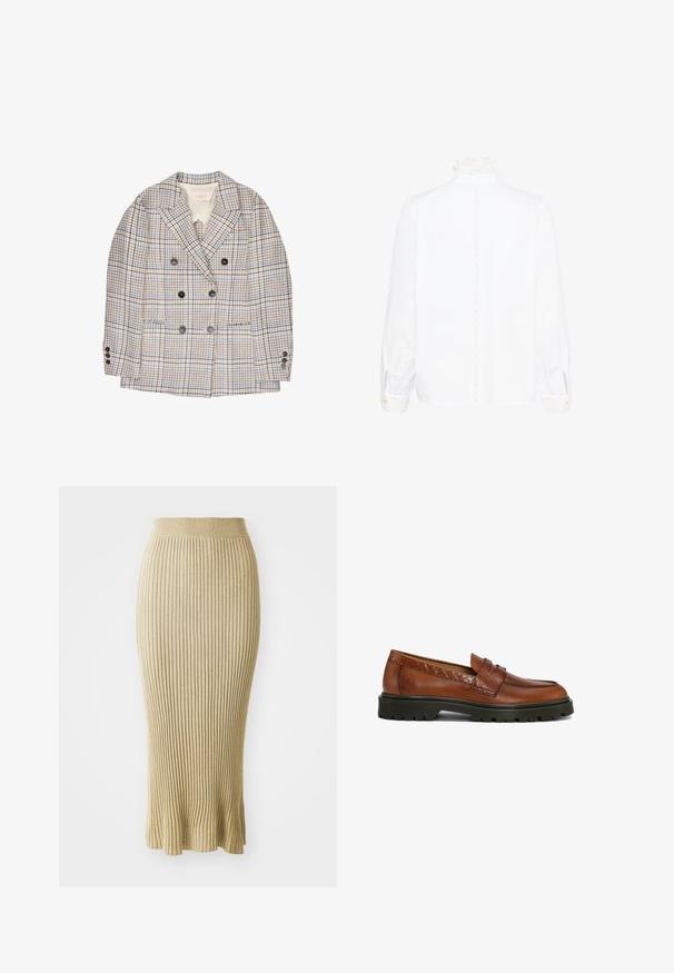 Blazer cruzado con patrón de cuadros en beige, marrón y azul, solapas con muesca, bolsillos delanteros y seis botones oscuros en el frente y los puños.; Blusa blanca de manga larga con cuello y puños de encaje, que presenta un ribete de encaje vertical en el centro de la espalda.; Falda lápiz de punto en beige claro, con acanalado vertical, cintura ajustada y dobladillo acampanado con acabados sutiles en la parte inferior.; Mocasines de cuero marrón con un detalle texturizado; puntera redonda y costuras decorativas; suela exterior de goma negra resistente para tracción.