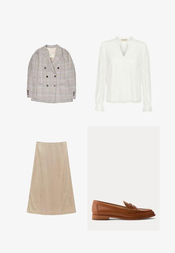 Dubbelbreasted blazer met beige, bruin en blauw ruitpatroon, met inkepingen in de revers, voorzakken en zes donkere knopen op de voorkant en manchetten.; Witte blouse met lange mouwen, V-hals, complexe diamantpatroon textuur en gerimpelde manchetten. Gemaakt van lichtgewicht stof.; Een beige A-lijn rok van zachte stof, met een gladde textuur en strakke lijnen, met een middellange snit en zonder zichtbare patronen of hardware.; Bruine leren loafer met lage houten hak, klassieke pennyriem en gestikte details langs de neus en zijkanten.