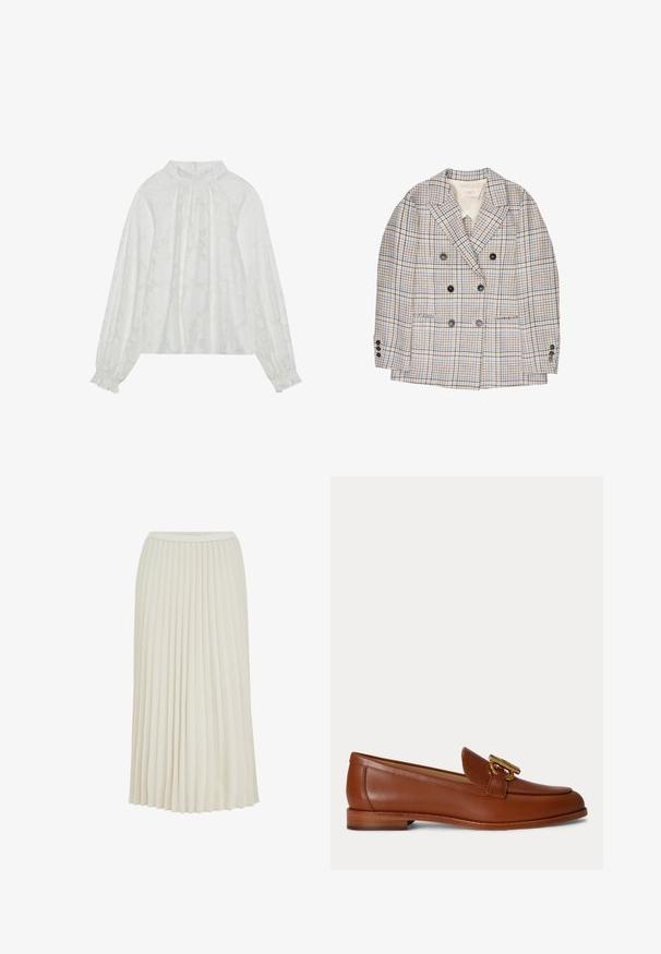 Blazer croisé à motif à carreaux beige, marron et bleu, avec revers crantés, poches avant et six boutons foncés sur le devant et aux poignets.; Blouse blanche à manches longues, avec un motif floral texturé, un décolleté froncé et des poignets élastiques. Tissu doux et léger.; Jupe midi couleur crème avec des plis verticaux étroits et une taille ajustée, présentée sur un fond blanc uni.; Mocassin en cuir marron avec talon bas empilé et détail de boucle en métal doré sur le dessus, présenté en profil latéral sur un fond uni.