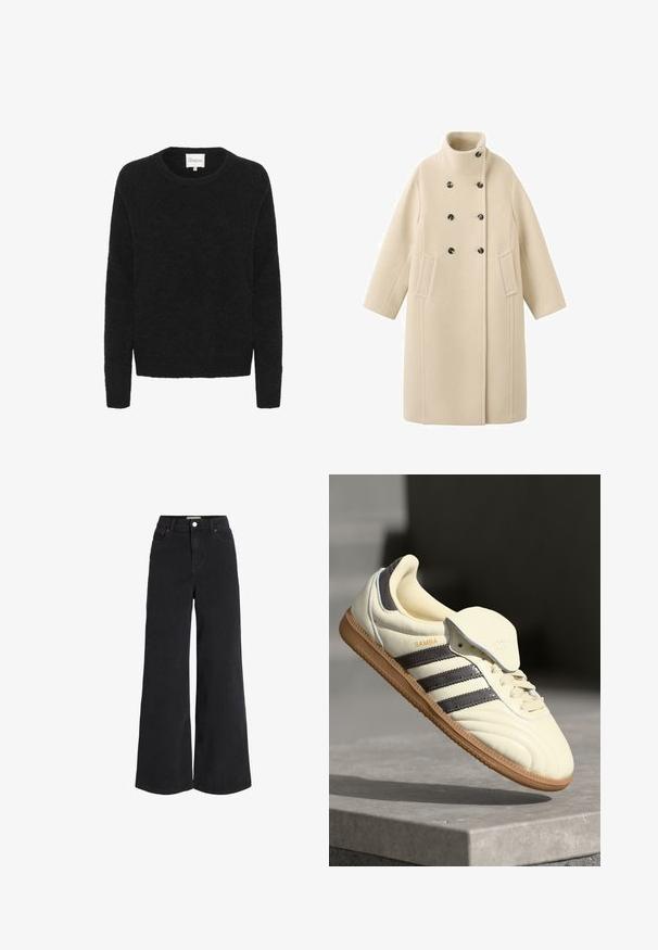 Beige uldblandet frakke med høj krave, dobbeltradet design, sorte knapper og sidelommer med en lige silhuet.; Sorte striktrøje med rund halsudskæring, lange ærmer og en blød tekstur. Enkel design, ingen mønstre eller detaljer.; Breddebenede sorte denimjeans med fem lomme-design, høj talje og knaplukning. Har diskret syninger og en ren finish.; Cremefarvede lædersneakers med tre mørke striber, en brun gummisål og en afrundet tå. Har en foldbar tunge mærket "SAMBA."