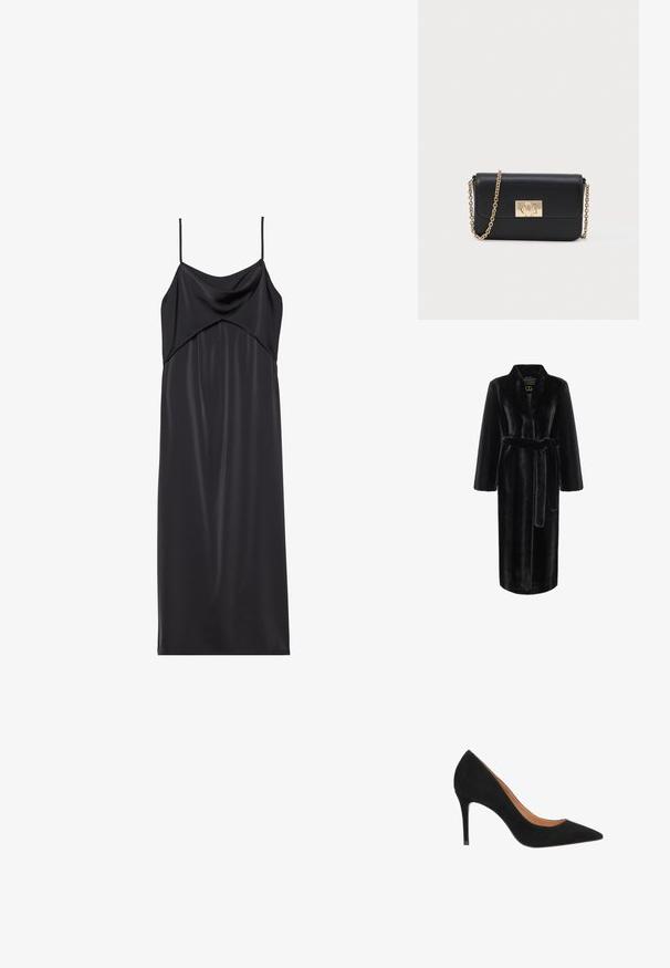 Bata de piel sintética negra con mangas largas, cinturón en la cintura y cuello de chal. Presenta una textura suave y un diseño hasta la rodilla.; Vestido recto de satén negro con finas tirantes de spaghetti, escote drapeado y silueta recta. Textura suave y diseño minimalista.; Zapato de tacón alto de ante negro con puntera afilada, diseño elegante y tacón de aguja. Presenta un forro interior suave.; Bolso de piel negra tipo bandolera con correa de cadena dorada y cierre rectangular dorado en la parte delantera, sobre un fondo claro y liso.